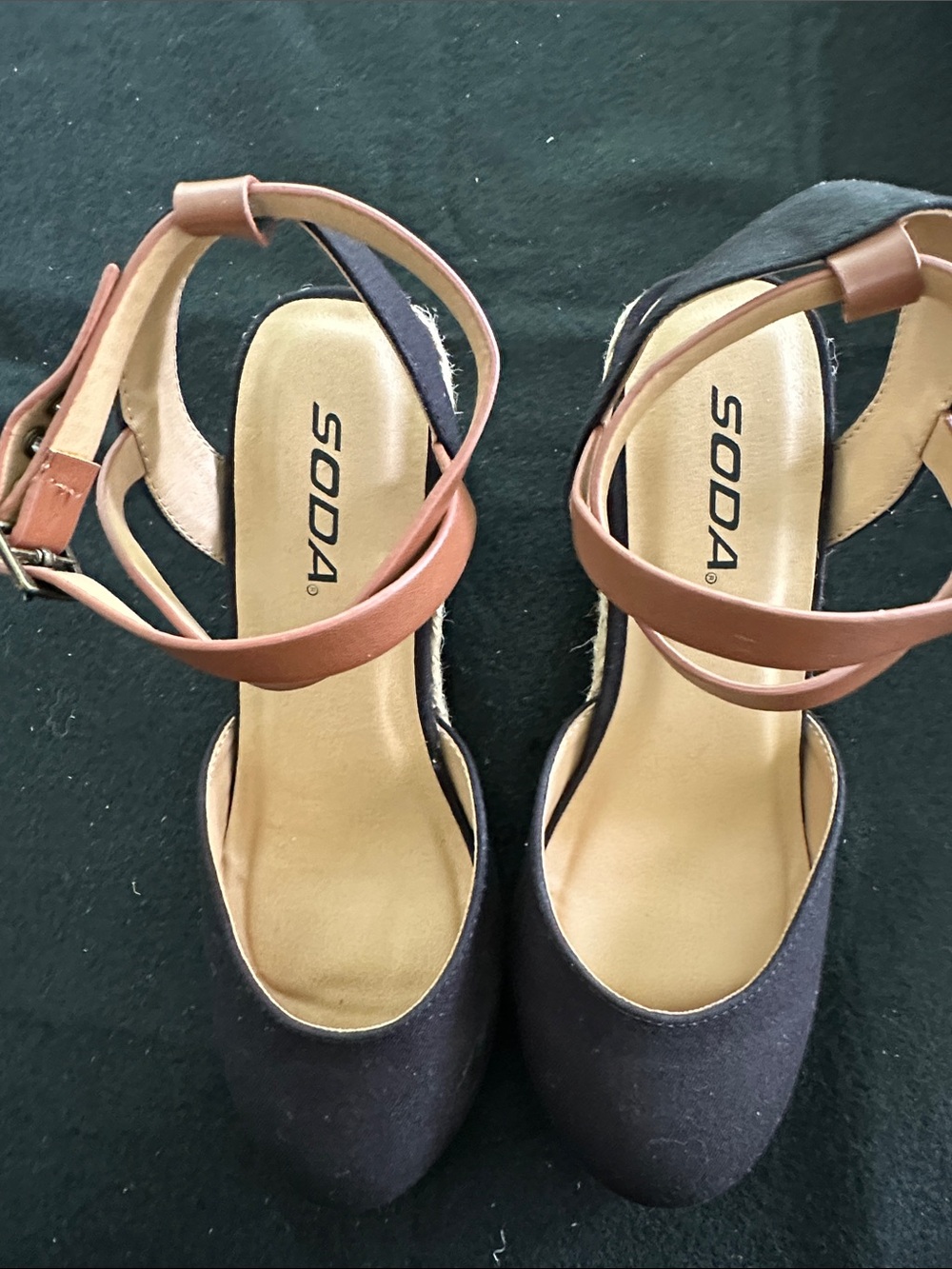 Soda Black and Brown Ankle-Strap Wedge Sandals